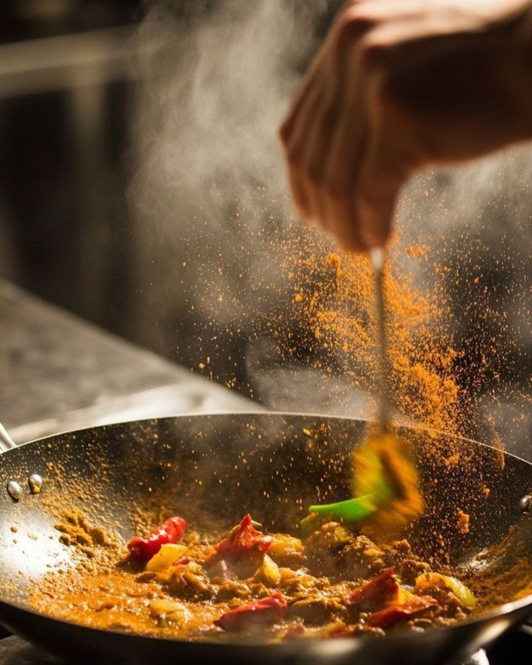 Spices being sprinkled into a wok with rising steam